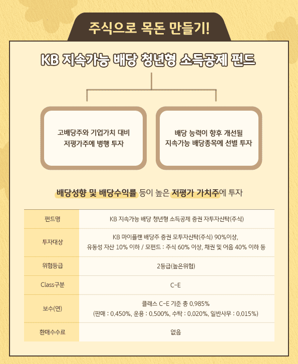 주식으로 목돈만들기. kb 지속가능 배당 청년형 소득공제 펀드. 배당 능력 기업, 고배당주, 저평가주 병행 투자.